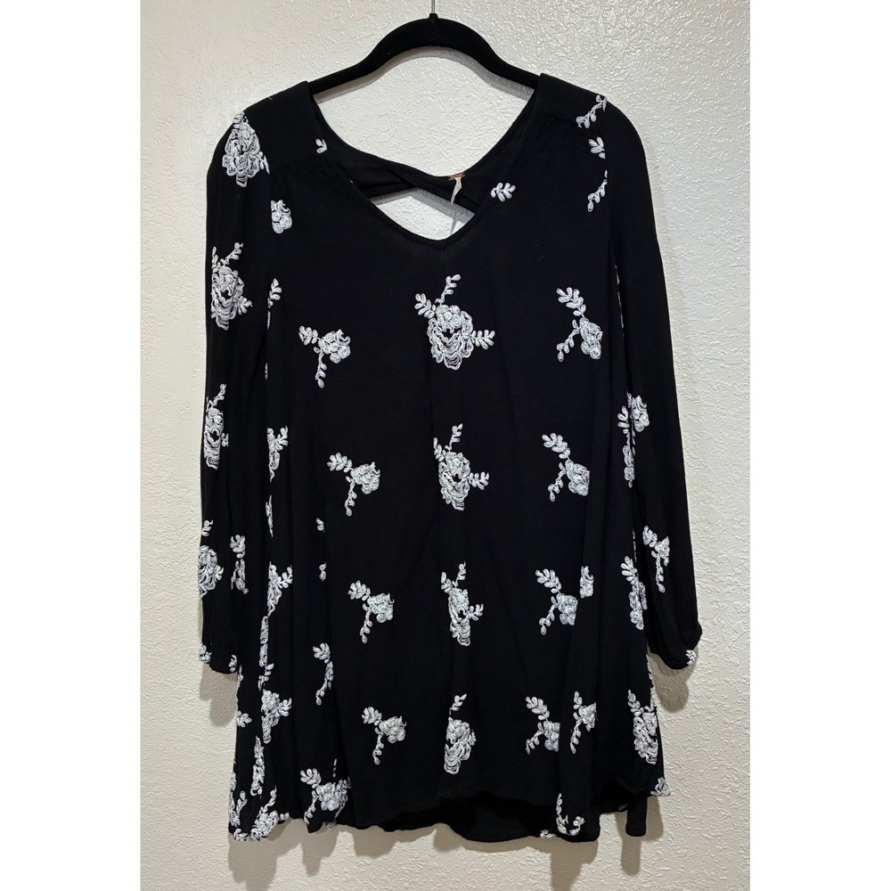 Free People Womens Embroidered Floral Tunic Dress Black White Boho Cutout S